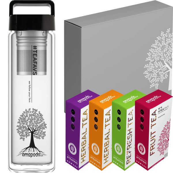 amapodo Tee Geschenke für Frauen und Männer Geschenkbox Geschenkset Angebot Glasflasche Schwarz