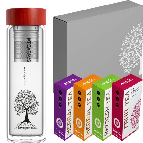 amapodo Tee Geschenke für Frauen und Männer Geschenkbox Geschenkset Angebot Teeflasche Bambus Rot