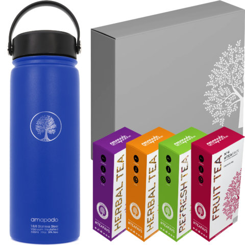 amapodo Tee Geschenke für Frauen und Männer Geschenkbox Geschenkset Angebot Thermosflasche Blau