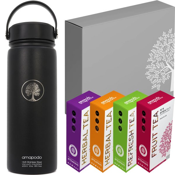 amapodo Tee Geschenke für Frauen und Männer Geschenkbox Geschenkset Angebot Thermosflasche Schwarz