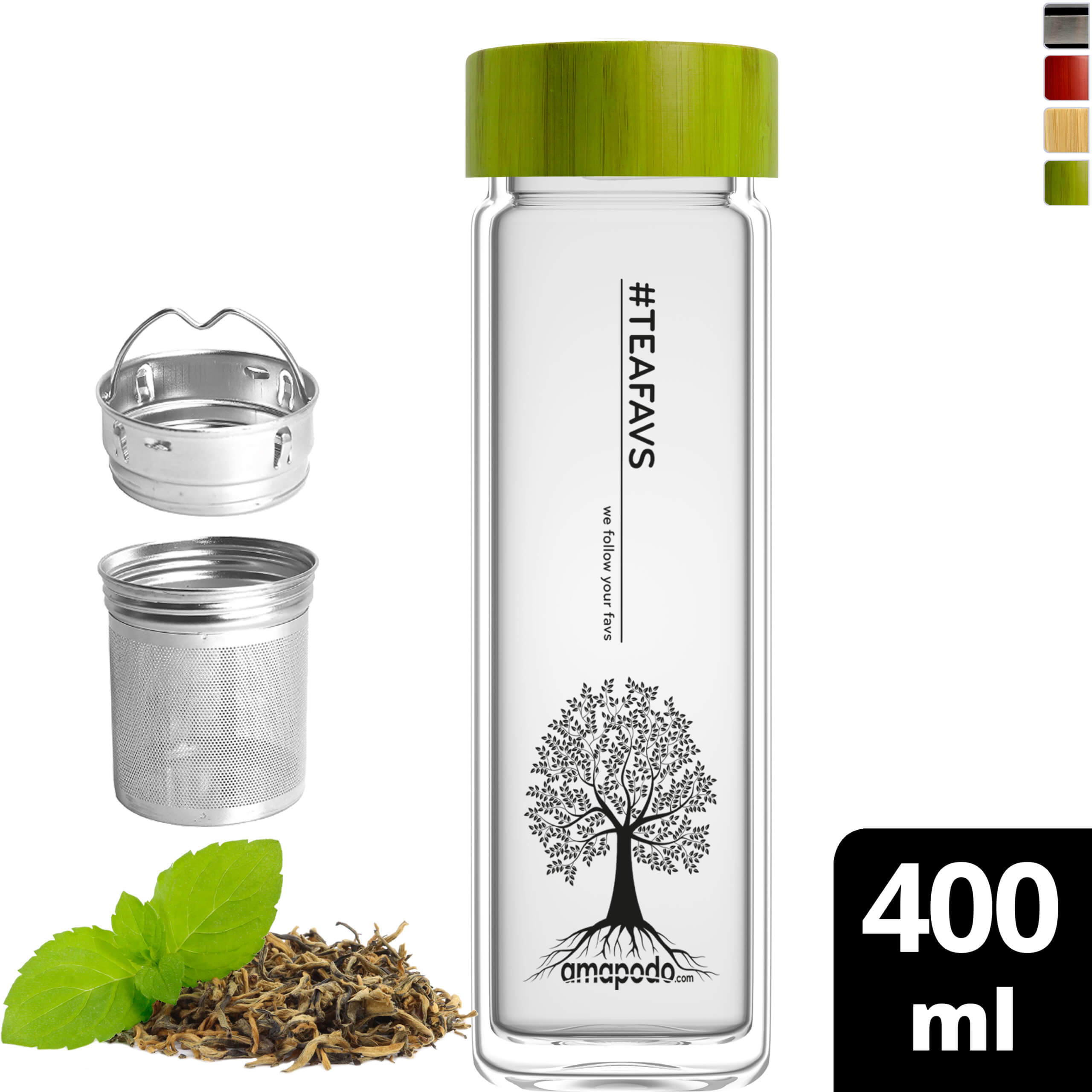 amapodo Teeflasche mit Sieb to go 400ml doppelwandig mit Bambus Deckel Grün 