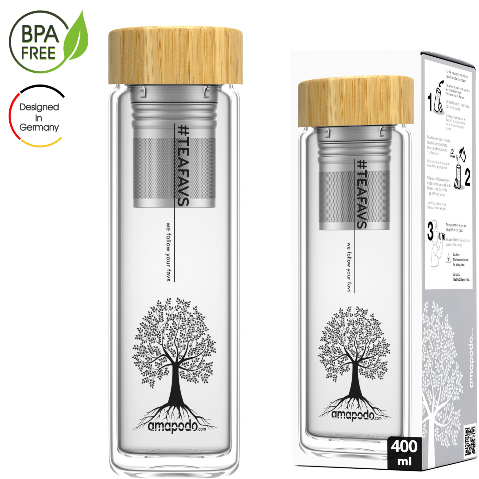 Tea4chill Teeflasche Mit Sieb – 400 Ml, Doppelwandiges Glas, Neopren-Hülle, Anthrazit, 2 Stück