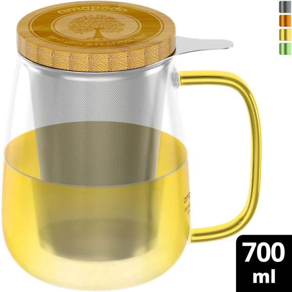 amapodo Teeglas mit Sieb und Deckel 700ml Henkel Gelb oben