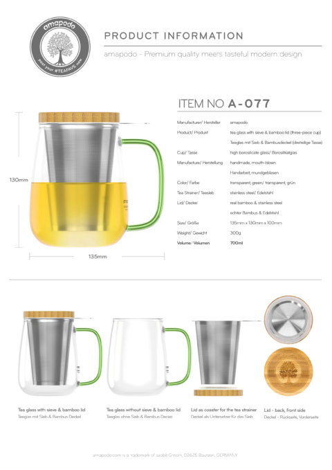 amapodo Teeglas mit Sieb und Deckel 700ml Henkel Grün Produkt-Datenblatt