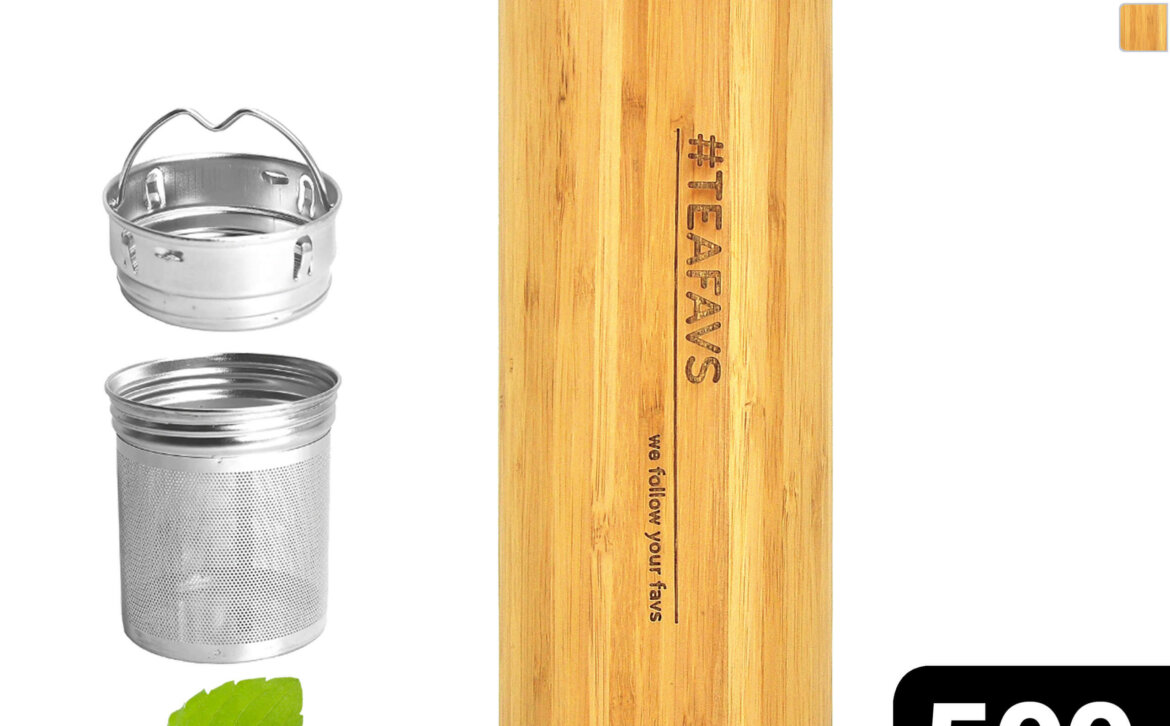 amapodo Trinkflasche Edelstahl Bambus 500ml isoliert mit Sieb vorn