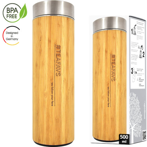 amapodo Trinkflasche Edelstahl Bambus 500ml isoliert mit Sieb Verpackung