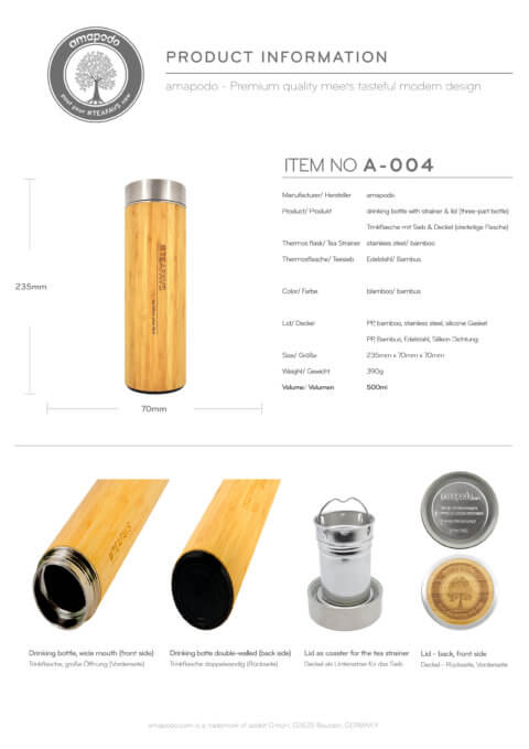amapodo Trinkflasche mit Sieb 500ml Bambus Produkt-Datenblatt