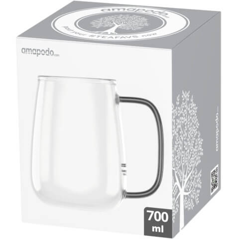 amapodo Kaffeetasse groß aus Glas Henkel Schwarz 700ml Verpackung