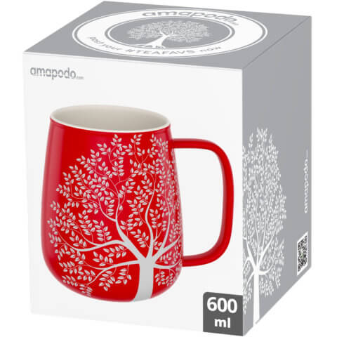 amapodo-Kaffeetasse groß aus Porzellan mit Henkel 600ml Rot Verpackung