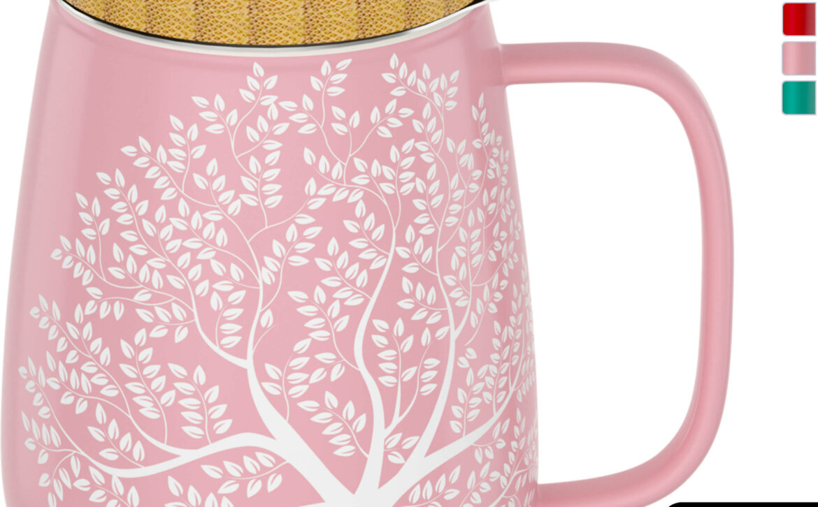 amapodo Teetasse mit Deckel und Sieb Rosa 600ml oben